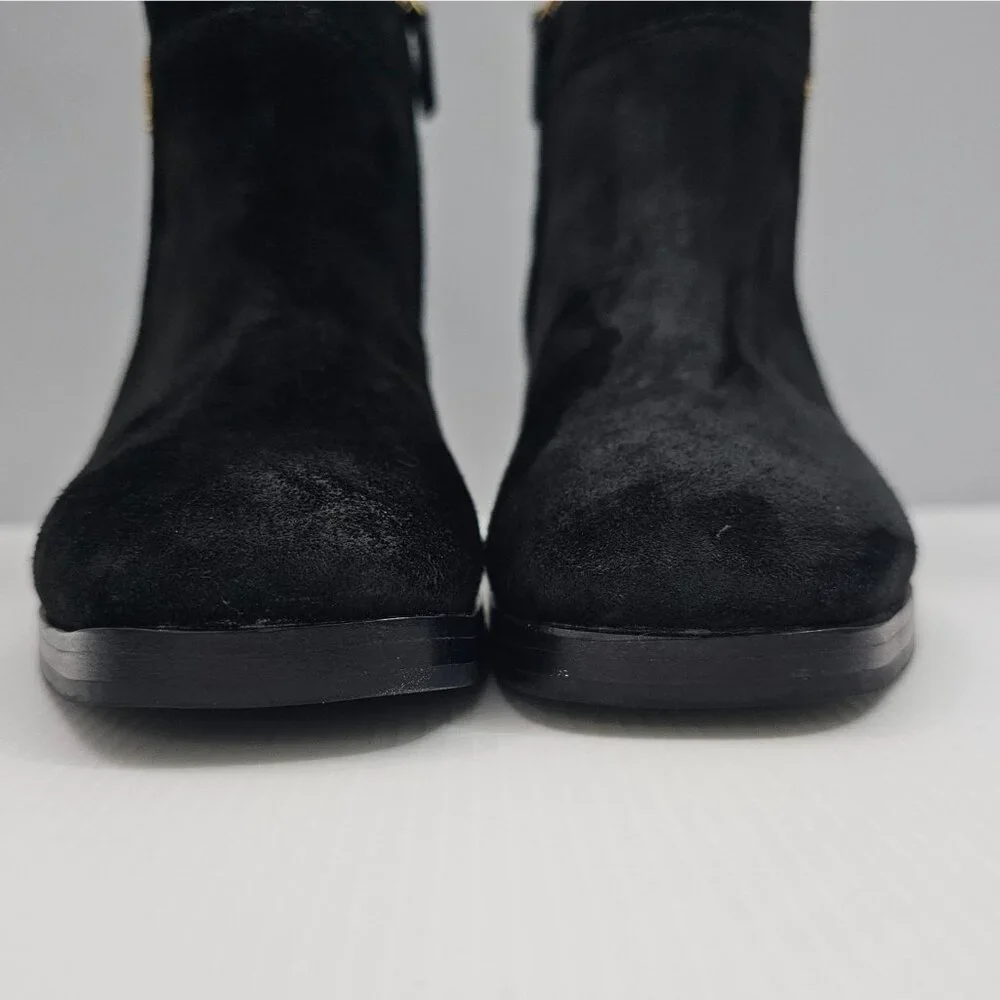 Tory Burch Everly Ankle Boot Womens 7.5 Black Suede Gold Logo Luxury Designer - Picture 7 of 16